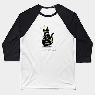 Cartoon black cat in New Year's garlands and the inscription "Merry Catmas". Baseball T-Shirt